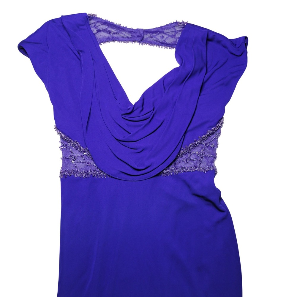 Badgley Mischka Royal Purple Beaded Mesh Waist Cowl Neck Open Back Dress Size 8